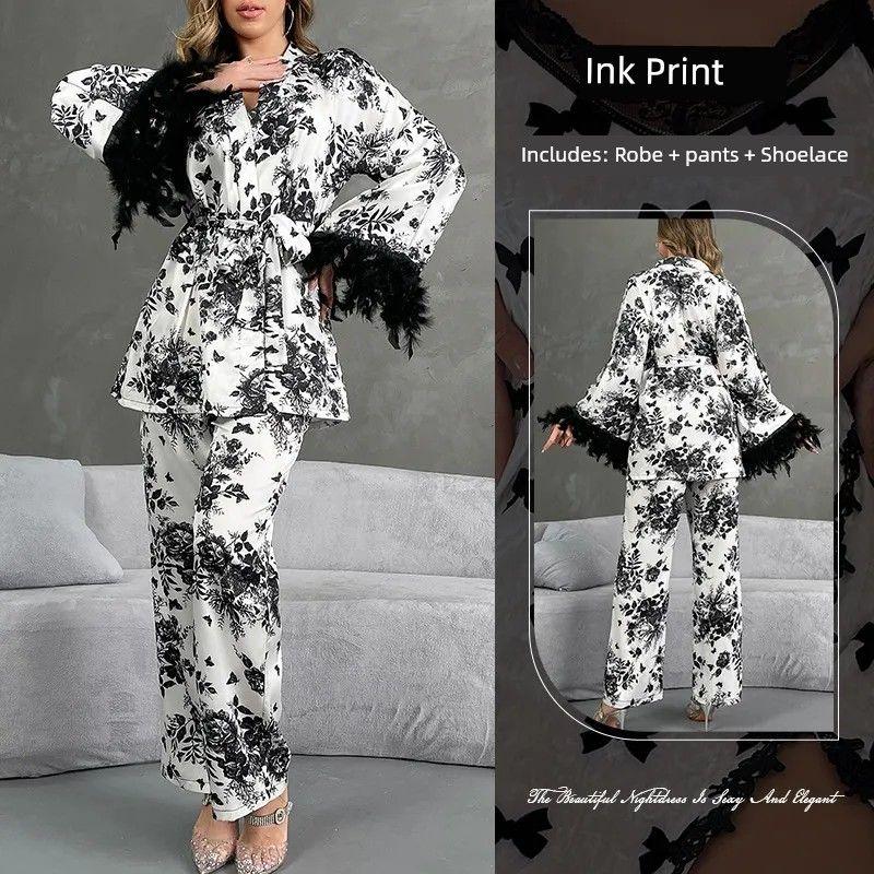 

2025 New Arrival Cross-Border Retro Print Spring and Autumn Pajamas Two-piece Set/Feather Trim Outwear Exquisite Home Wear Ink Print L