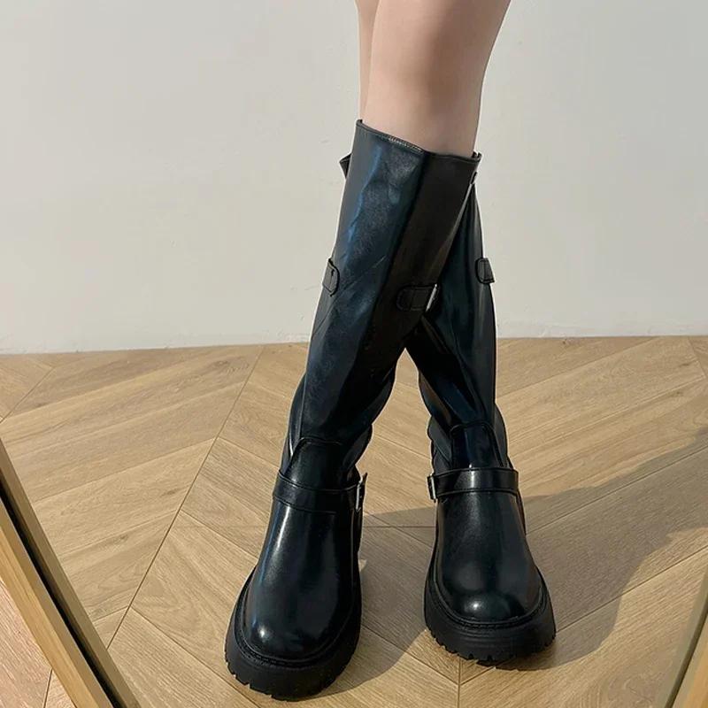 

Модные женские ботфорты до колена на платформе и среднем каблуке, обувь 2024, зимняя мода, новые готические ботинки для ходьбы, тренд, платье, женская обувь 39 чёрный