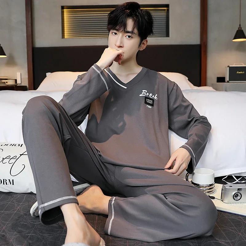 Baumwolle Herren Pullover Nachtwäsche Herbst Frühling Langarm Nachtwäsche 2 Stück Pyjamas Set Männlich