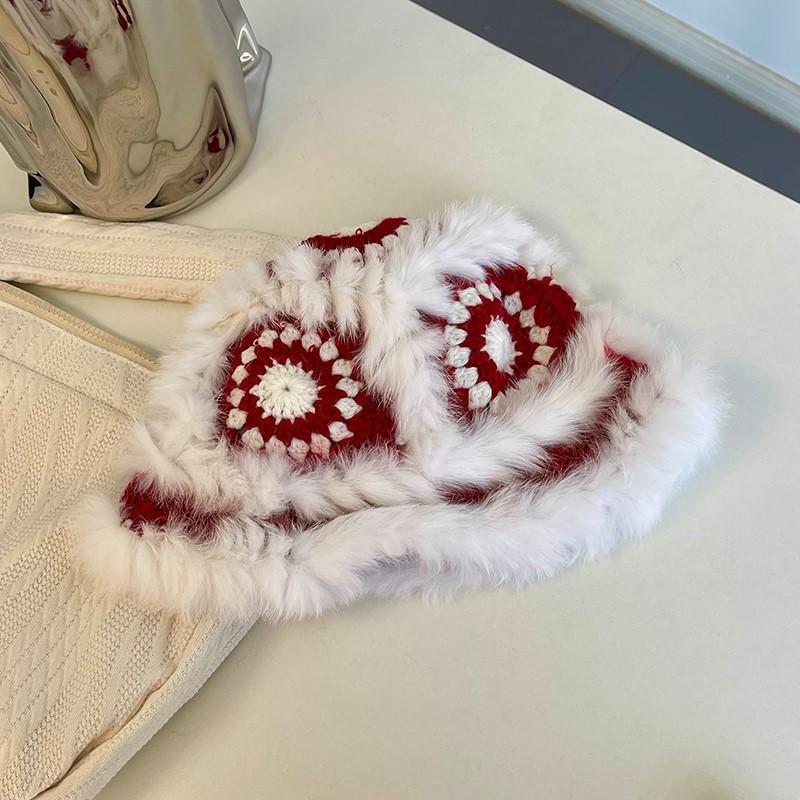 Fashion Rabbit Fur Patchwork Knit Bucket Hat Women Warm Fall Winter Large Head Size Face Slimming