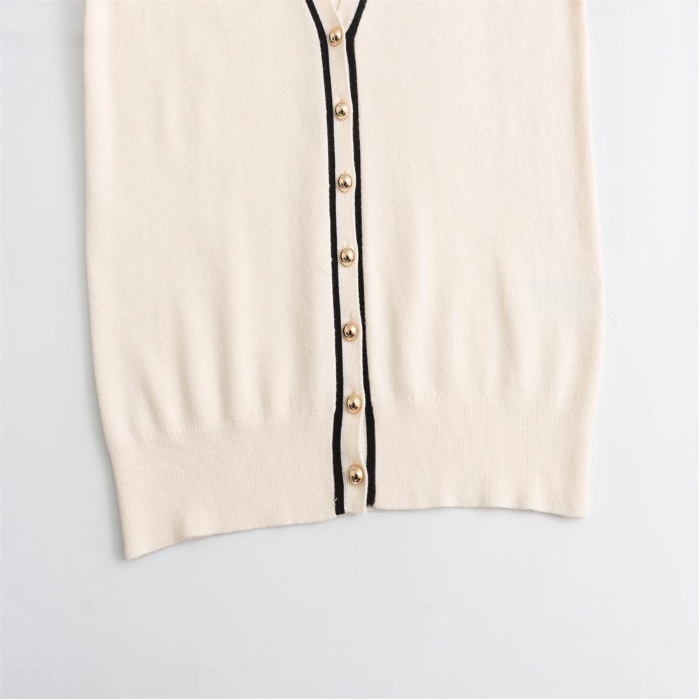 Women's French Style V-Neck Color Block Knit Cardigan Sweater 2024