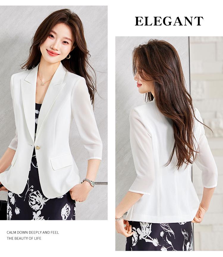 Women's White Acetate Satin Blazer: Thin, 3/4 Sleeves, Spring/Summer, Goddess Style, Professional Suit Jacket