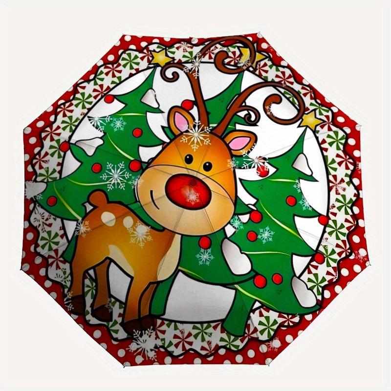 1pc Christmas, Reindeer Automatic Folding Umbrella - 8-Rib Iron Frame, Windproof, Portable Sunshade with Plastic Handle for Travel & Outdoor