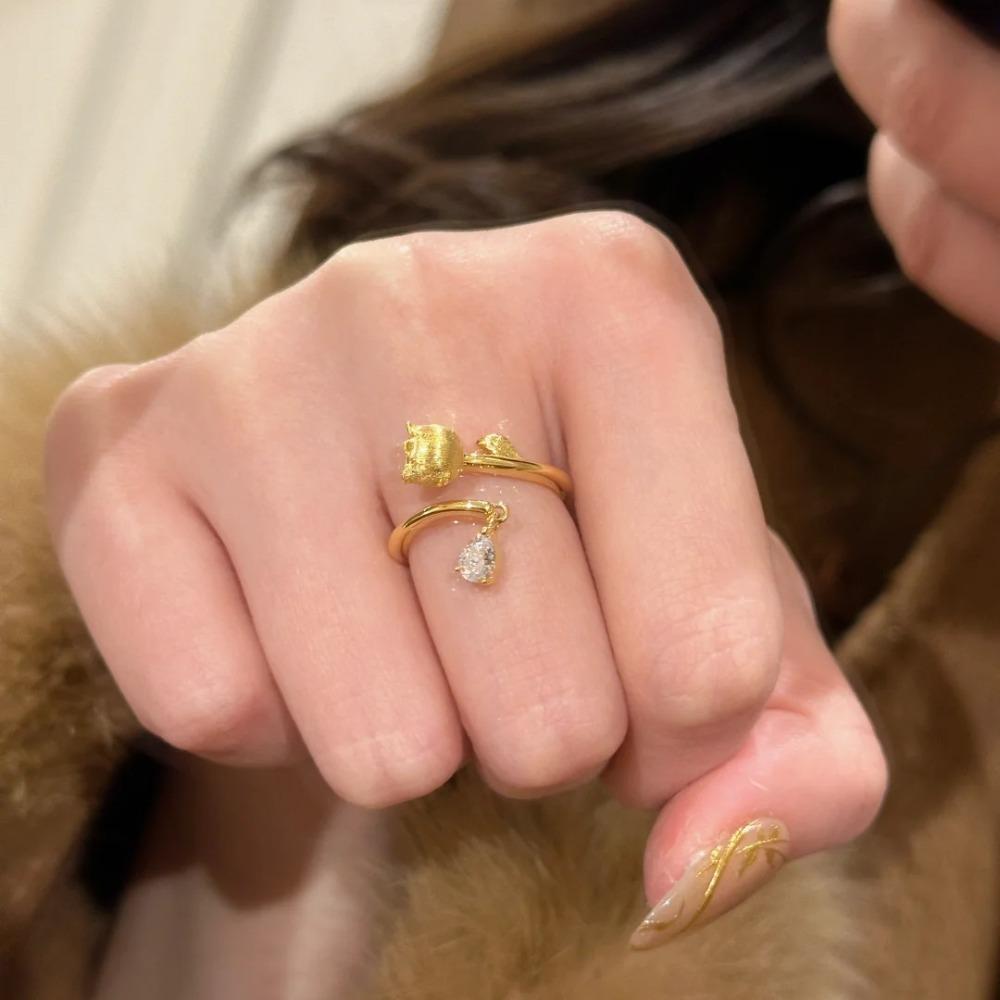 Lily of The Valley Open Ring Exquisite Dripping Design Wire Drawing Minimalist Sand Gold Flower Bells Fashion Jewelry