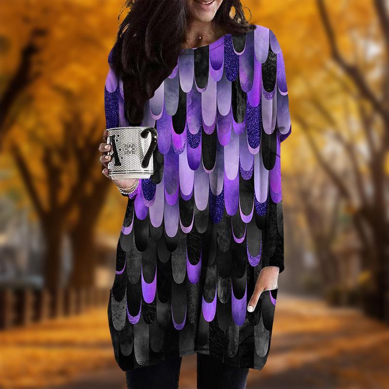 New In Autumn Raindrop Print Plus Size Dress Women O'neck Long Sleeves Casual Pocket Dresses