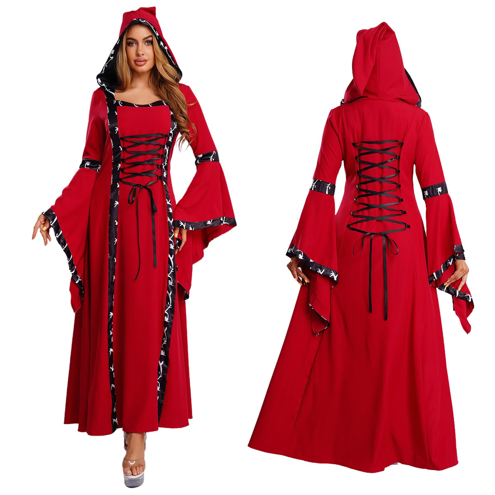 Women Medieval Victorian Palace Hooded Dress Flare Sleeve Lace-up Retro Gown Renaissance Gothic Vampire Witch Cosplay Costume S