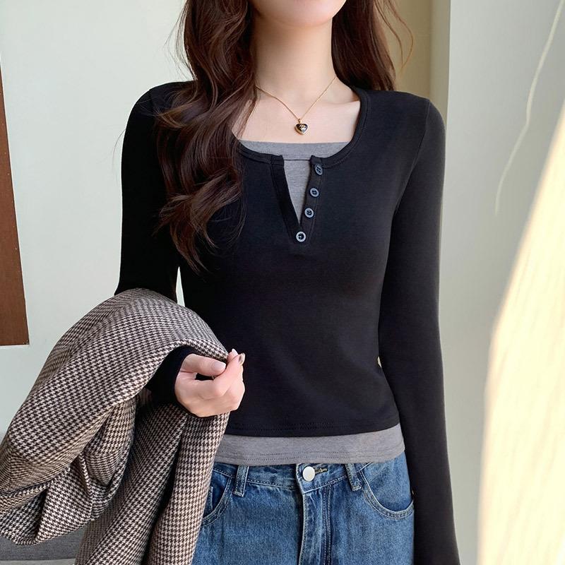 9-Button contrasting color fake two-piece T-shirt women's new design V-neck short shirt