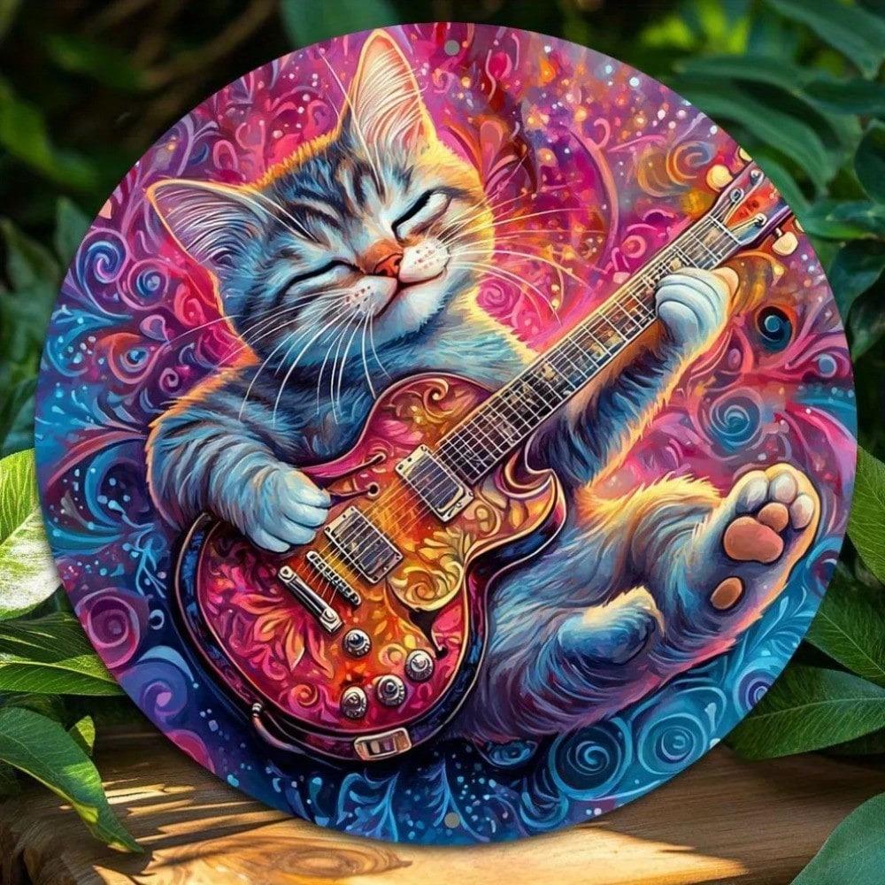 Iron Cat Guitar Metal Wall Art 8 Inch Round Aluminum Decor Pet Theme Home Bar Cafe Office Music Sign