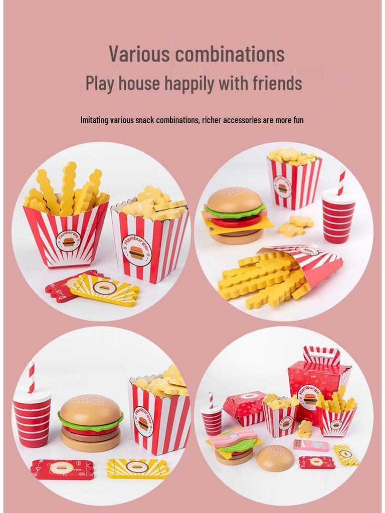 Children's Wooden Hamburger & Fries Pretend Play Set - Kitchen Game Gift for Boys & Girls