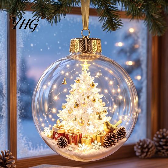 Glowing Christmas Tree Ornaments Lighted Ball Ornaments, 3D Miniature Scene Hanging with Warm LED Led Globes Light, Clear Acrylic Bauble Decoration