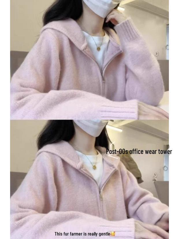 

Women s Blue Hooded Zipper Cardigan - Knitwear for Spring, Autumn, and Winter S (70-90 jin) рожевий