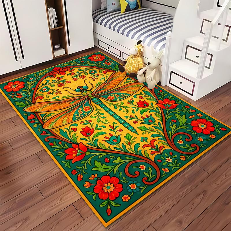 Dragonfly Floral Pattern Carpet with Vibrant Yellow and Green Design Suitable for Use As an Anti-slip for Living Room Bedroom Sofas