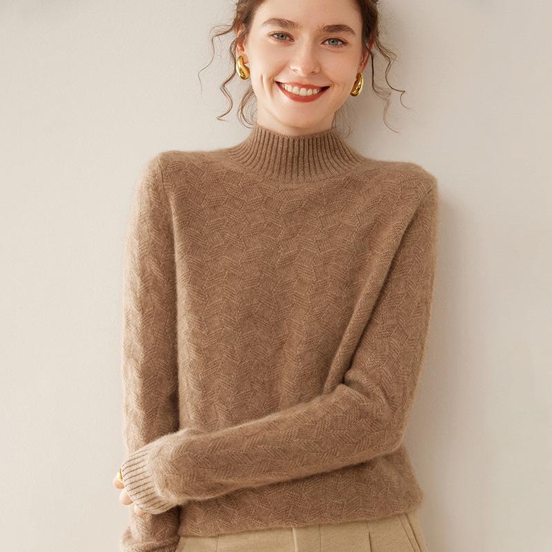Twisted Flower Half-High Collar Cashmere Knit Sweater - Women's Loose Solid Color Casual Pullover, Long Sleeve Warm Top
