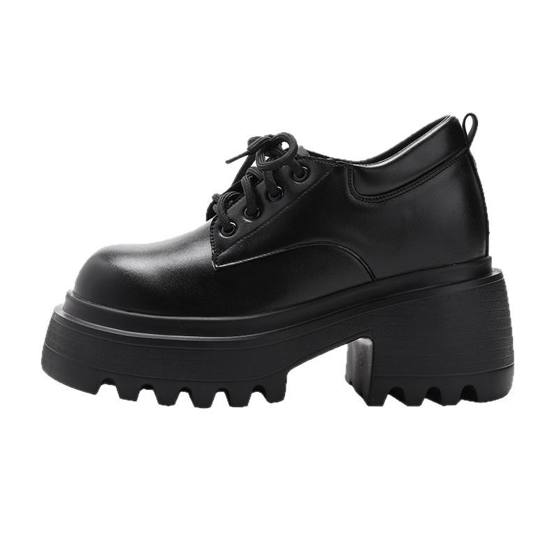 12cm Height Boost Chunky Heel Black Leather Loafers for Women, British Style, Lace-up High Heels for Spring & Autumn