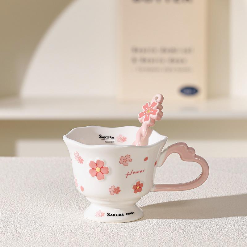 Personalized Cherry Blossom Embossed Ceramic Mug with Spoon – Creative Pink Souvenir Cup
