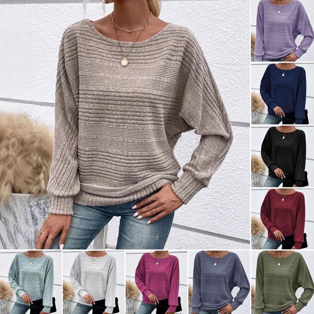 Women's Round Neck Long Sleeve Knit Sweater Loose Fit Casual Fashion Pullover Top