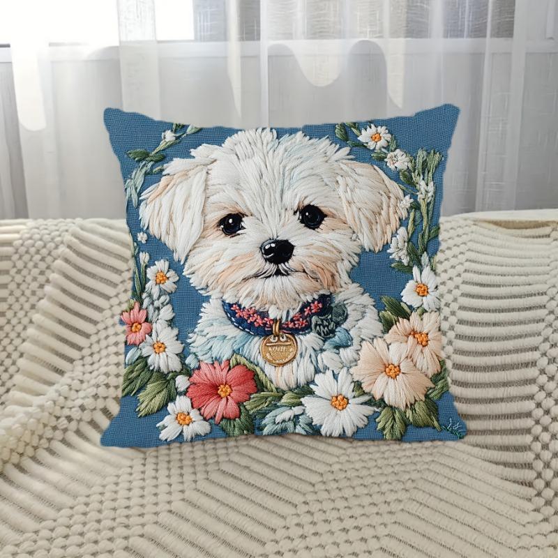 Floral Maltese Puppy Cushion Covers Chair Living Room Pillowcase Cozy Zipper Sofa Pillow Covers Animal Bedroom Indoor Home Decor