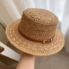 Damen Retro flacher Strohhut Britischer Stil Sommer durchbrochener Sonnenschutzhut Strandurlaub Stil Grasgewebter Sonnenhut