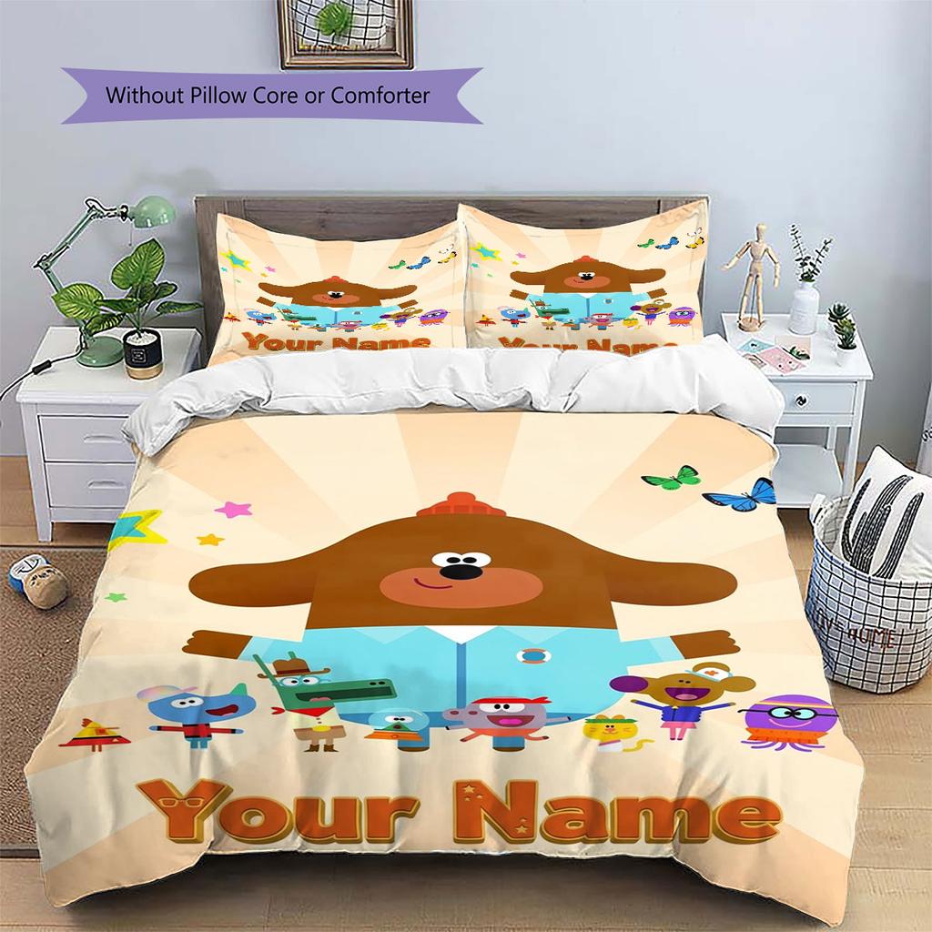Hey Duggee Custom Name Pattern Bedding,Quilt Set Quilt Cover Pillowcase Home Birthday Gift(1 * duvet cover + 2 * pillowcase, without core)