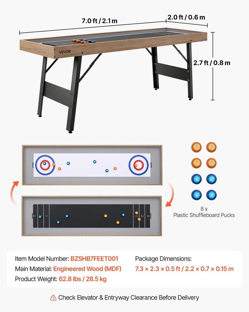 2,1m Shuffleboard Tisch, 2 in 1 Shuffleboard und Tisch-Curling Kombinationsspiel, Kompaktes Shuffle Board mit Glatter Oberfläche, Klappbare Beine, 8 Pucks, Einfach