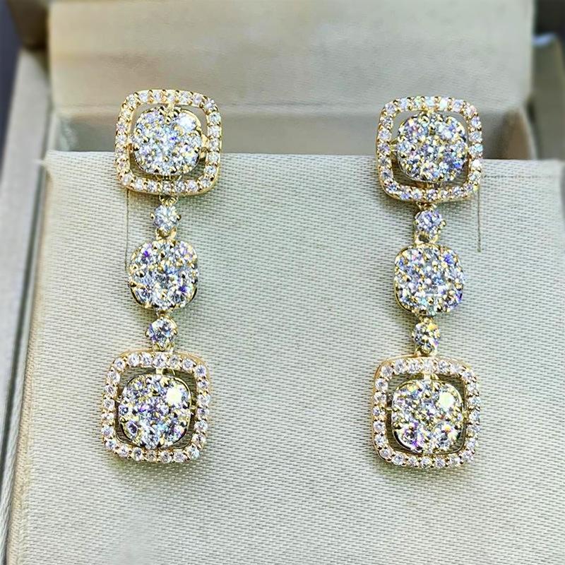 Halo Cushion Square Linked Dangle Earrings Full Pave Round Cubic Zirconia Silver Tone Long Formal Evening Ladies Accessories