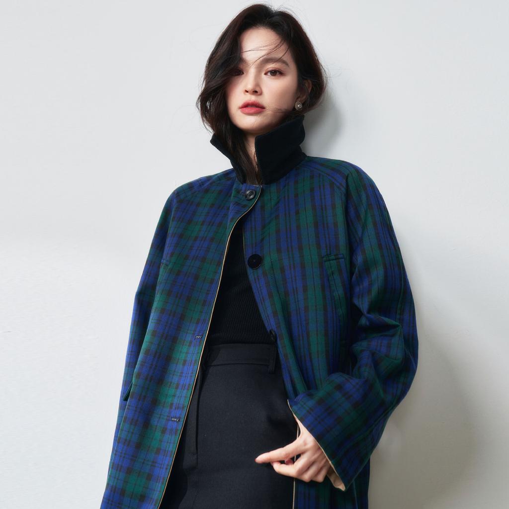 Autumn New Retro Contrasting Color Miu Plaid Double-sided Khaki Medium and Long Age-reducing Trench Coat Jacket 072