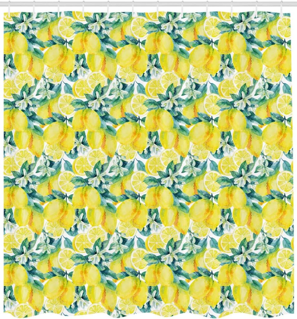 Lemon and Green Leaf Pattern Waterproof Polyester Shower Curtain 180x180cm - Fresh Citrus Fruit Print Bath Curtain with Hooks