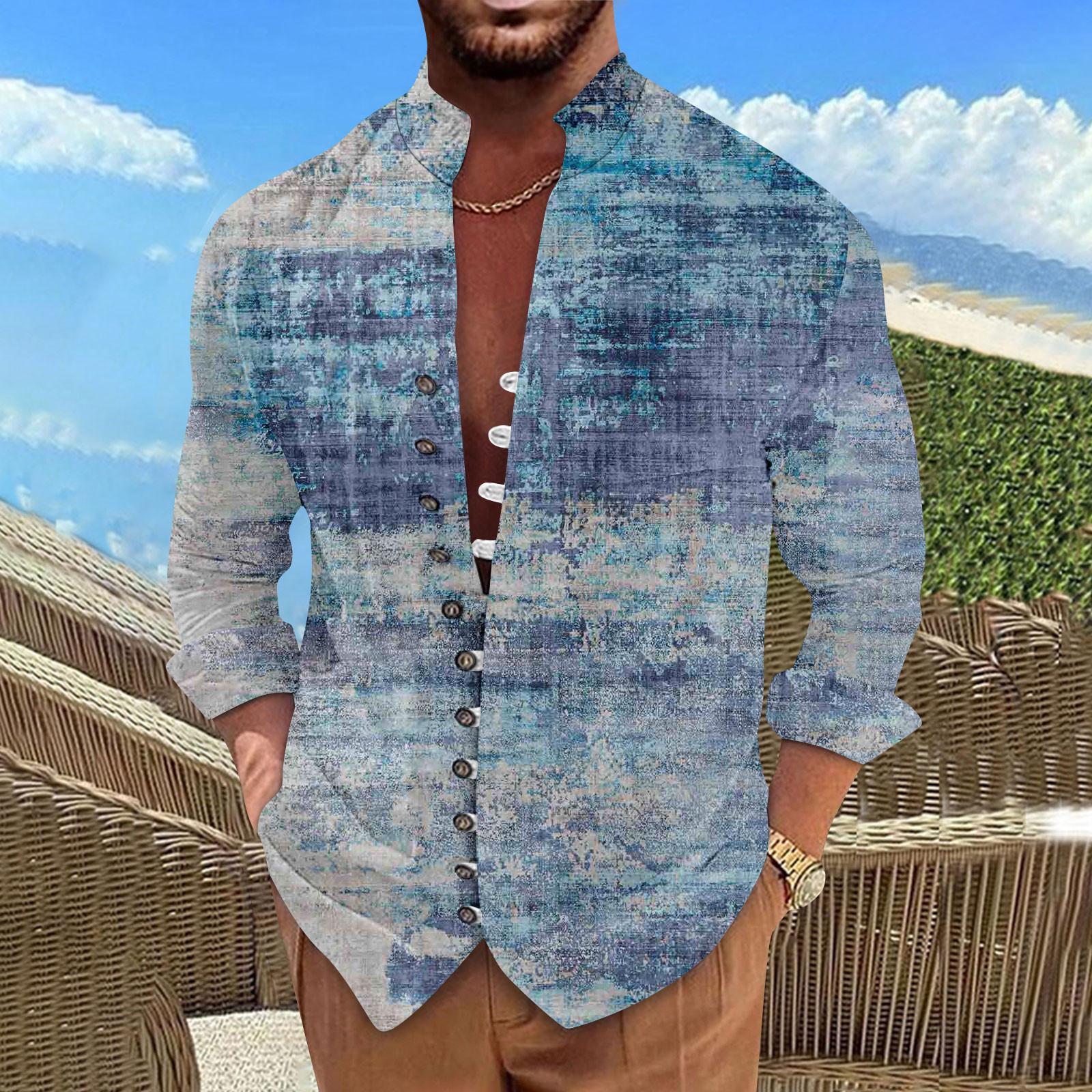 

Чоловіча ретро повсякденна сорочка вільного крою з довгими рукавами і принтом. Модний верх із стоячим коміром XL