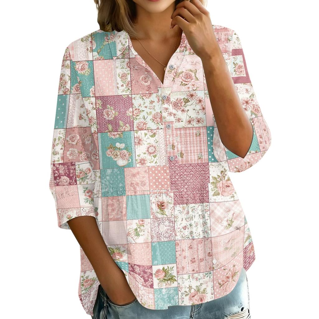 Women Button Front Patchwork Blouse Three Quarter Sleeve Loose Fit Shirt with Collar and Mixed Print Design Casual Top
