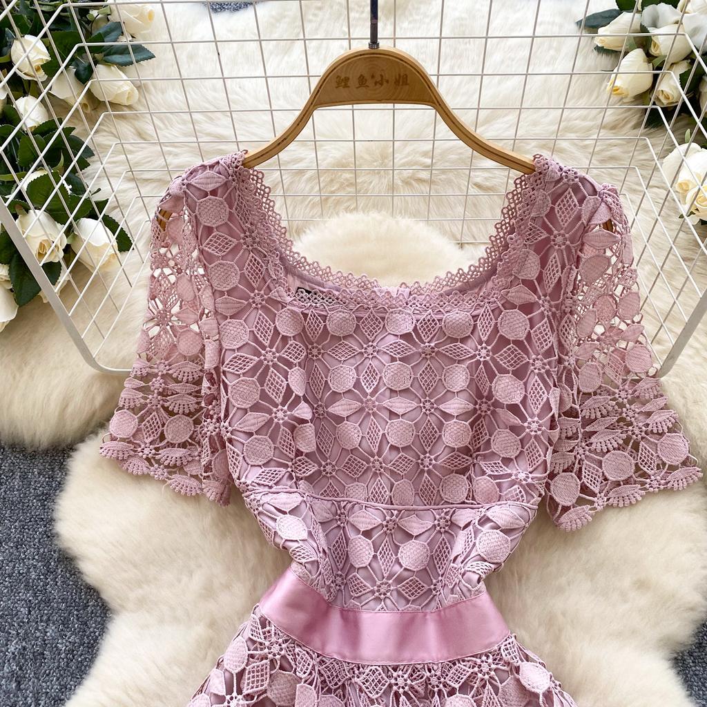 Summer Women Short Sleeve Square Collar Embroidery Lace Long Midi Party Dresses