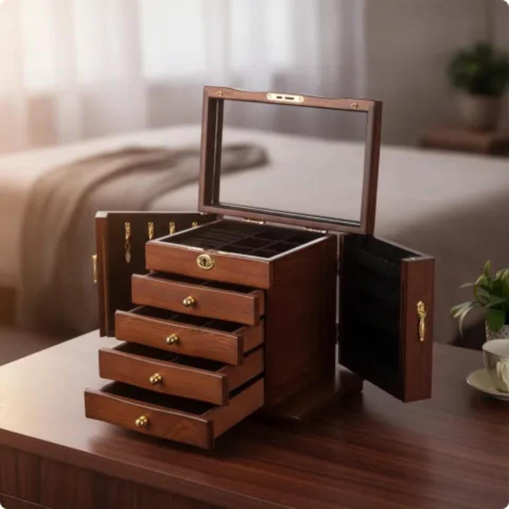Jewelry Box with Drawers and Side Compartments Solid Wood