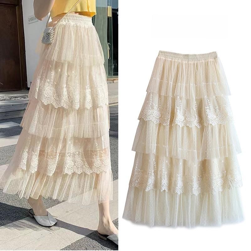 French Lace Spliced Maxi Skirt Summer Embroidered Cake Dress For Women
