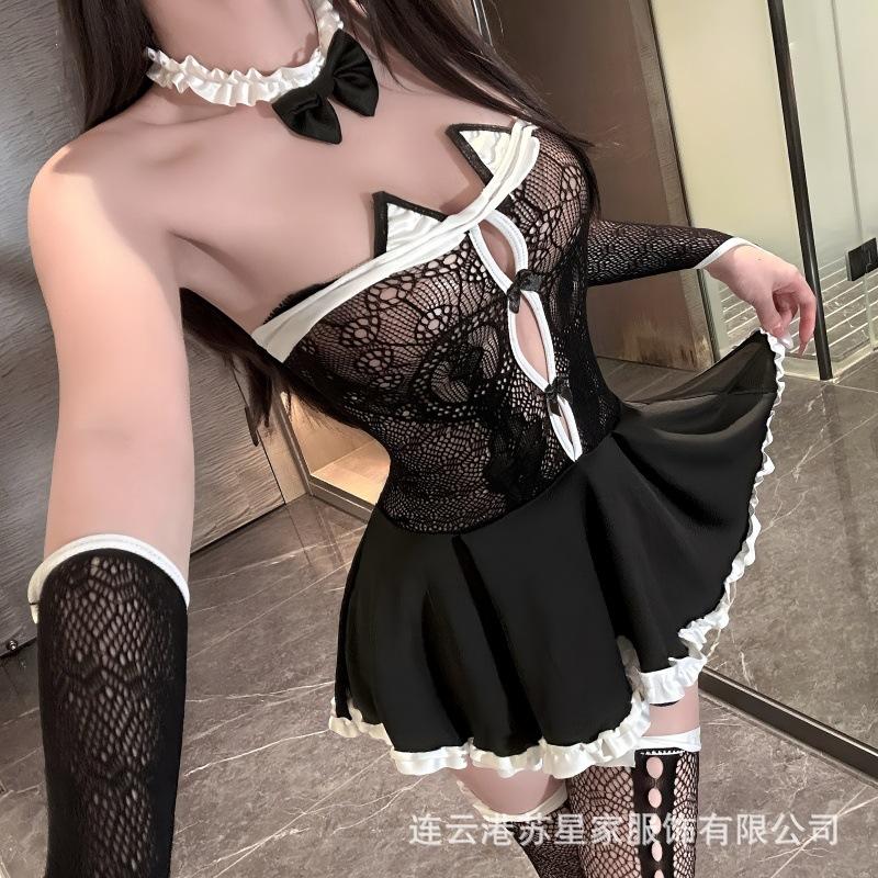Large Size Lingerie Sexy Pussy Nightdress Lace Off-the-shoulder Dress Perspective Seduction Maid Uniform Suit