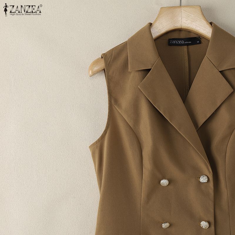 ZANZEA Women Casual Turn Down Collar Sleeveless Dress