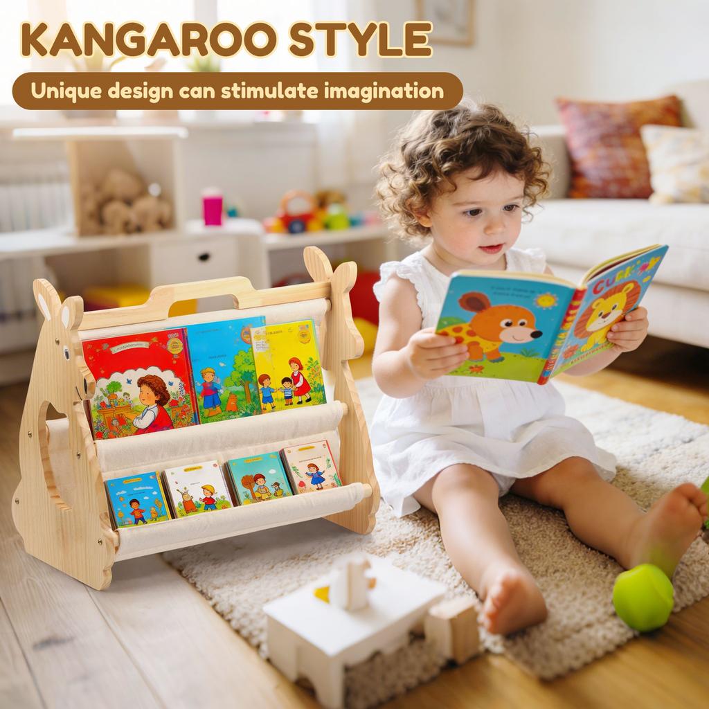 Kids Bookshelf Wooden Montessori Bookshelf with Carry Handle Toddler Picture Book Storage Rack Multi-Layer Storage Bookshelf