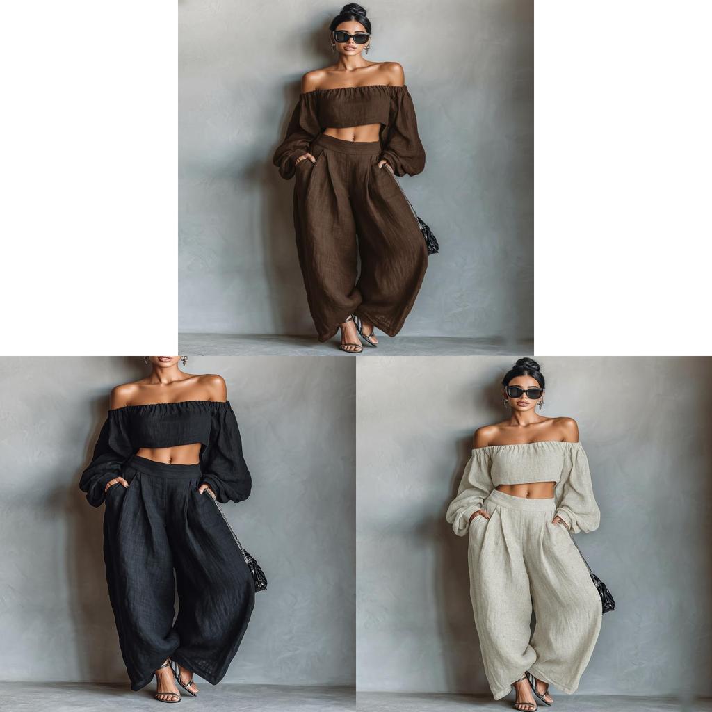 Spring Womens Off Shoulder Crop Top And Wide Leg Pants Set With Spliced Design For Casual Wear