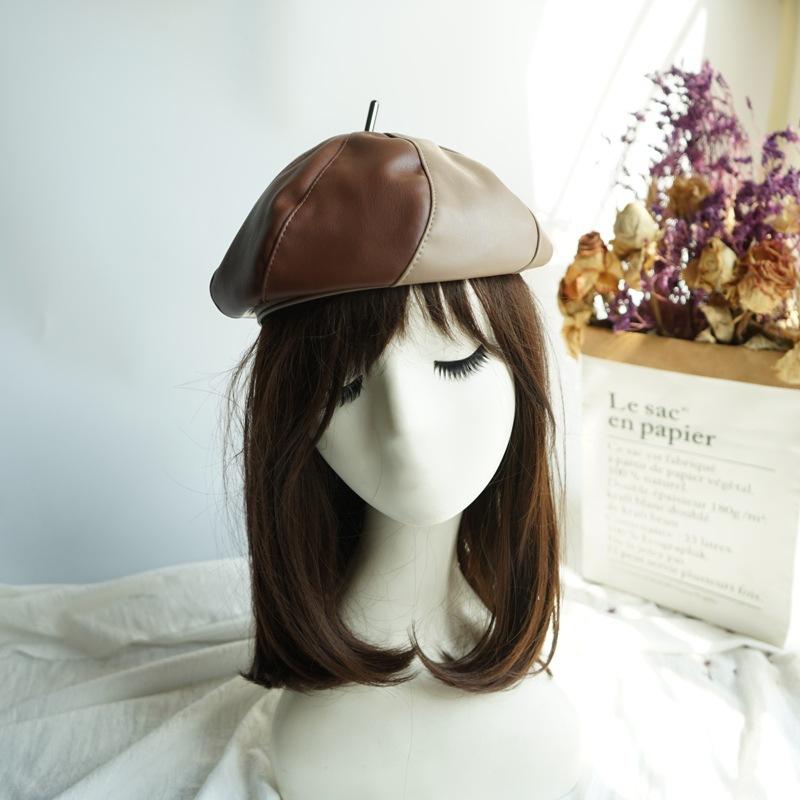 Japanese Retro Milk Coffee Black Color Matching Pu Leather Octagonal Hat Female Versatile British Painter Beret