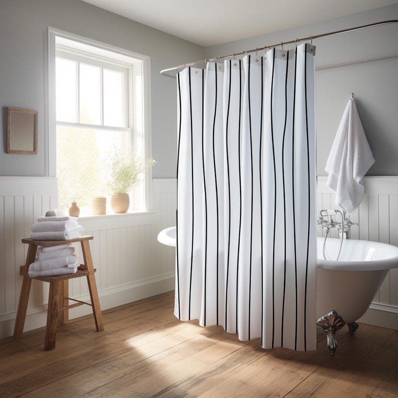 Wavy Vertical Line Shower Curtain – Minimalist Black on White Modern Bathroom Decor Custom Size Available