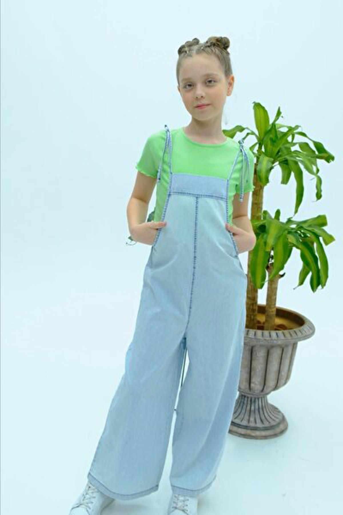 

Girl Child Zipper Detailed Rope Strap Light Blue Jumpsuit