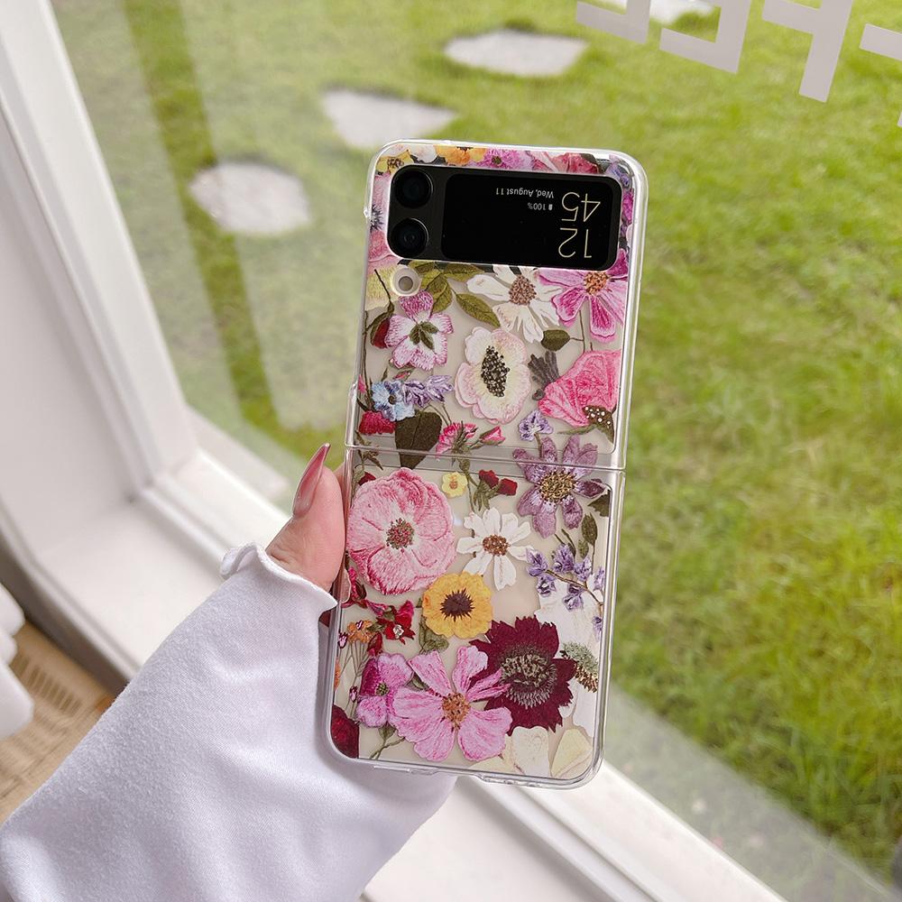 Niedliche Retro-Ölgemälde-Blumenmuster-Handyhülle für Samsung Galaxy Z Flip 4 3 5g, transparente Hart-PC-Abdeckung