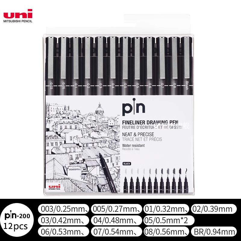 Uni Fineliner Zeichenstift für Skizze Anime Manga Haken, PIN-200 Wasserbasis Wasserdicht Verschiedene Unterschiedliche Strichstärken Kalibrierter Marker