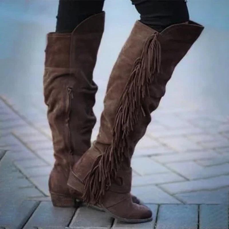 Women's Winter Retro Round Toe Zipper Boots Thick Heel Brown Long Tassel Boots Halloween Costume Party Cosplay Shoes 2025
