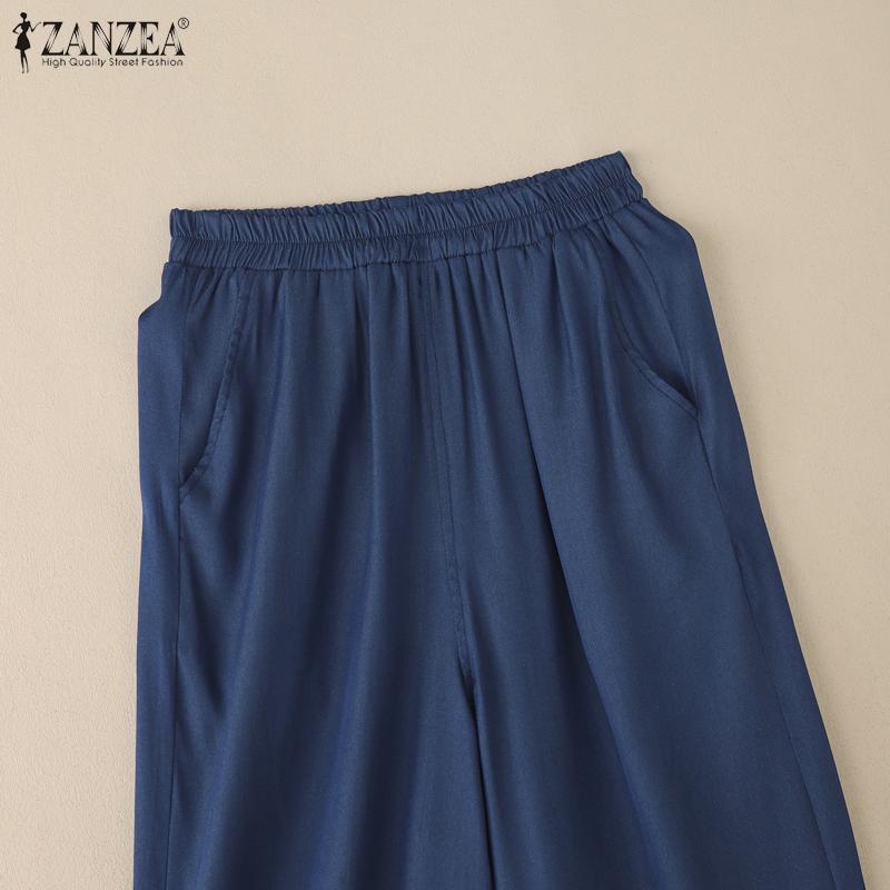 ZANZEA Women Casual Elastic Waist Loose Embroidery Print Cropped Pants