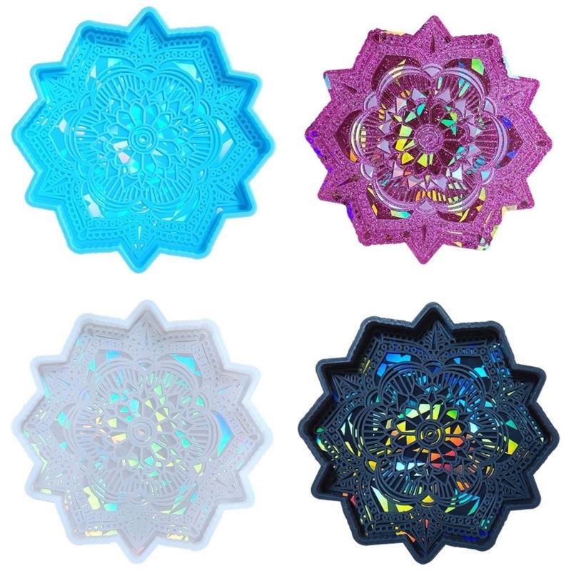 Mandalas Coaster Plaster Silicone Mold DIY Crystal Epoxy Resin Mold Holographic Flower Shape Cup Mat Casting Mold Craft
