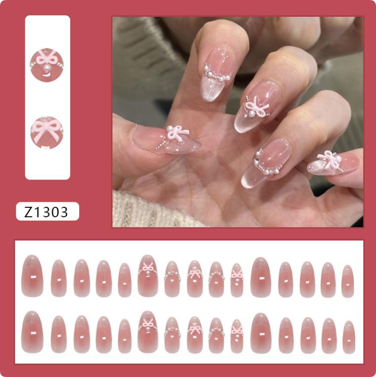 Fashion Pink Glitter French Press On Nails Short Round Fake Nails Reusable Nail Tips Women Manicure Accessories