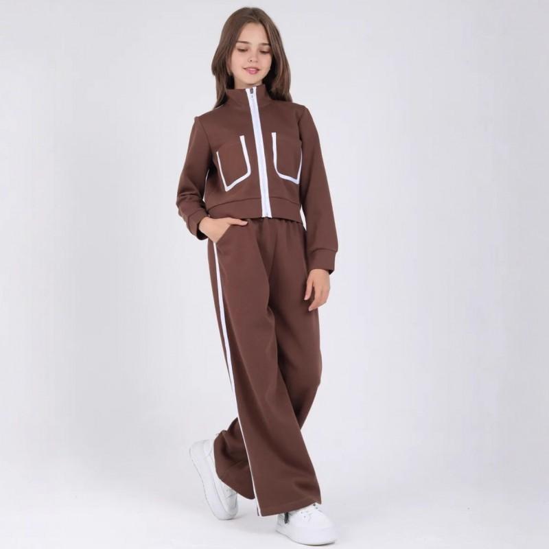 

Casual Children s Solid Color Suit Long-sleeved Pocket Zipper Cardigan Strap-up Pants Two-piece Set Women 128cm коричневый