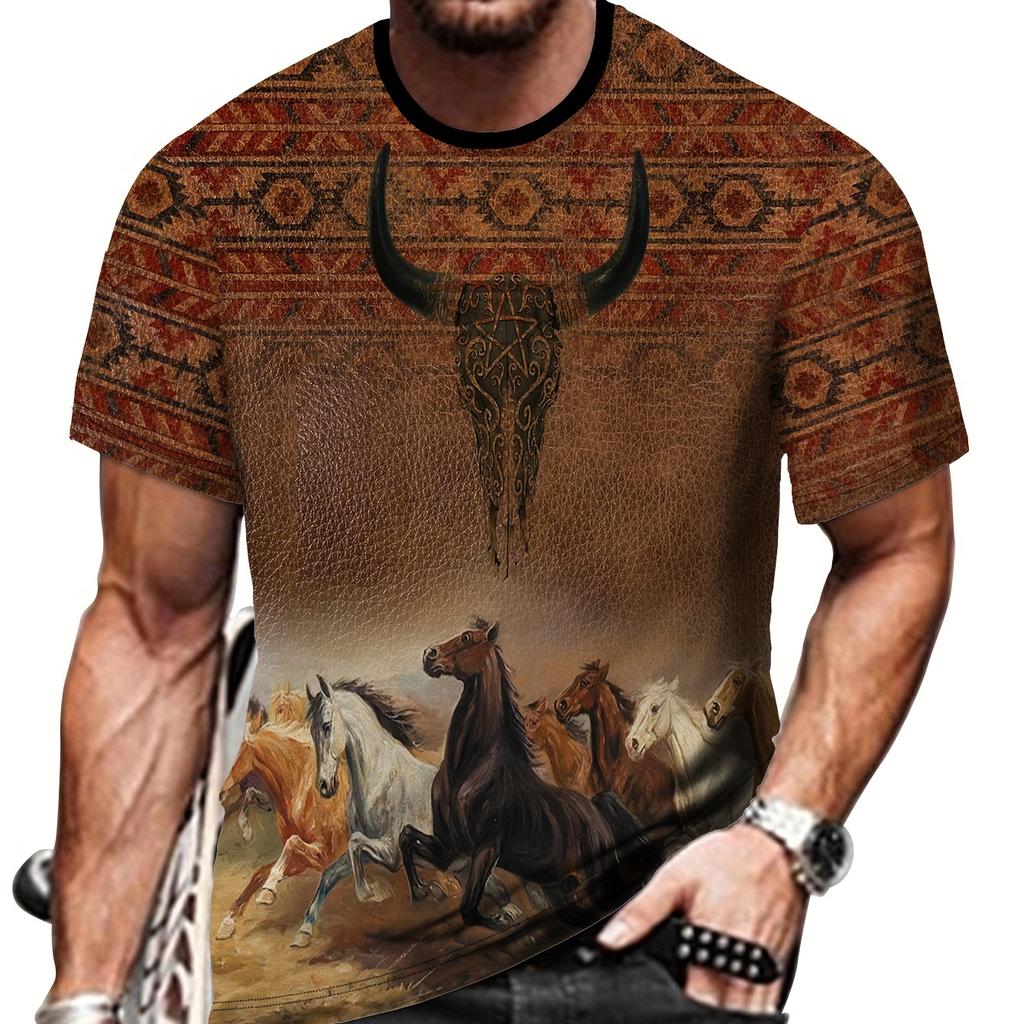 T-Shirt für Männer mit 3D-Druckmuster von galoppierenden Pferden, lässiges Sommer-T-Shirt mit Rundhalsausschnitt und kurzen Ärmeln für den täglichen Gebrauch und Urlaubsresorts