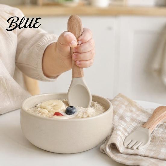 Kids Independent Eating Set Baby Led Weaning Spoon And Fork Set Soft Silicone Utensils Beech Wood Handle with Wooden Handles Toddler Self-Feeding