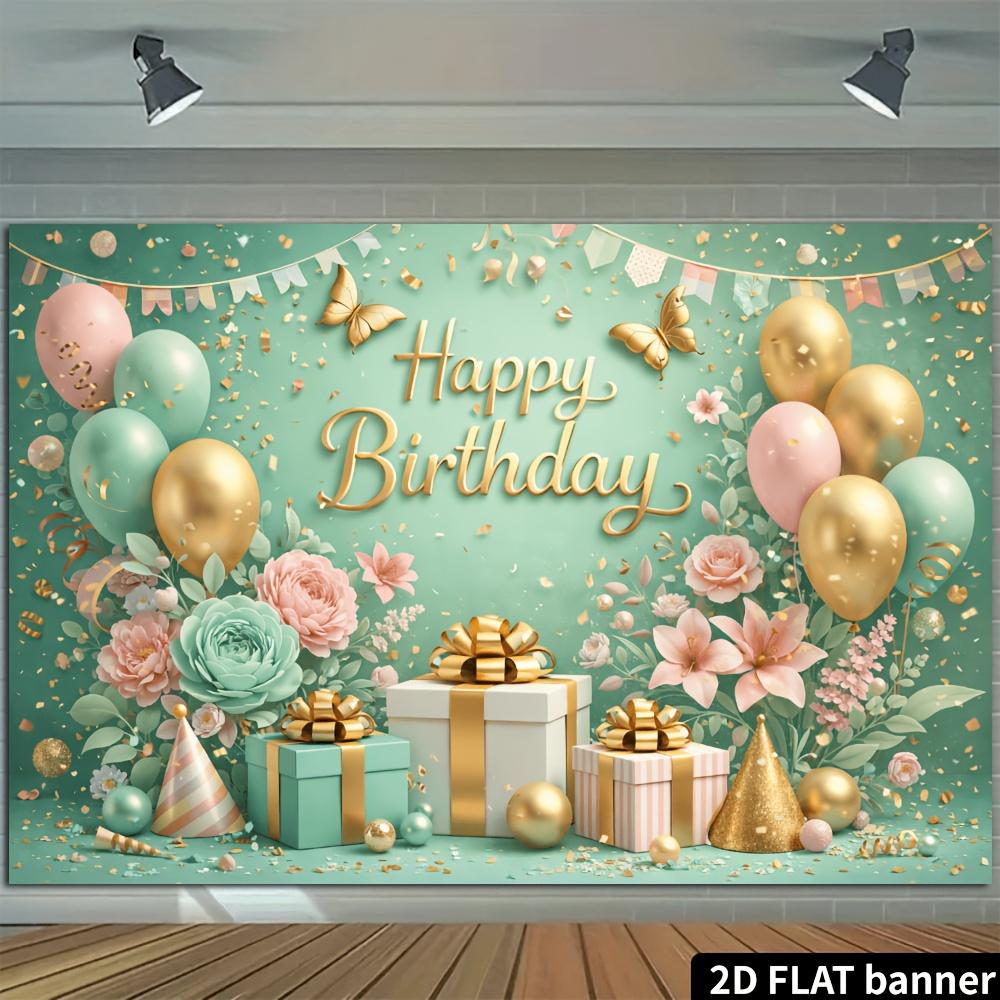 Tissu de toile de fond de fête d'anniversaire plan 2D couleur menthe avec texte en feuille d'or « Joyeux Anniversaire », fabriqué en polyester durable.
