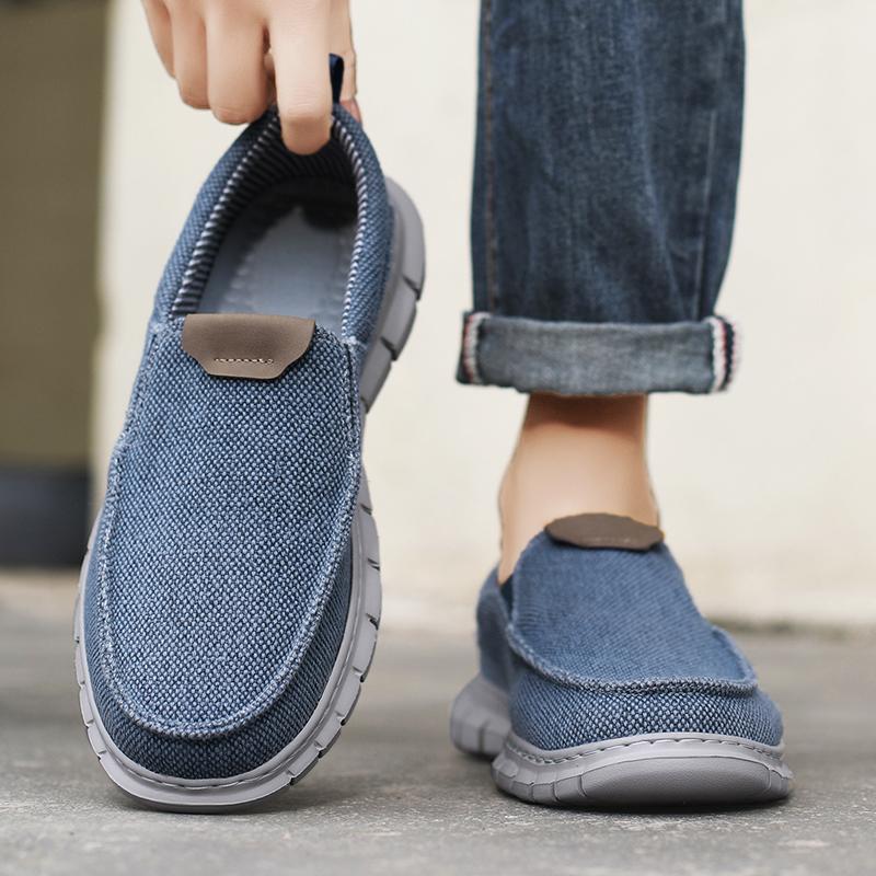 Men Outdoor Canvas Shoes Blue Slip on Sneakers Driving Shoes Casual Khaki Wide Head Shoes for Farther Plus Size Lightweight